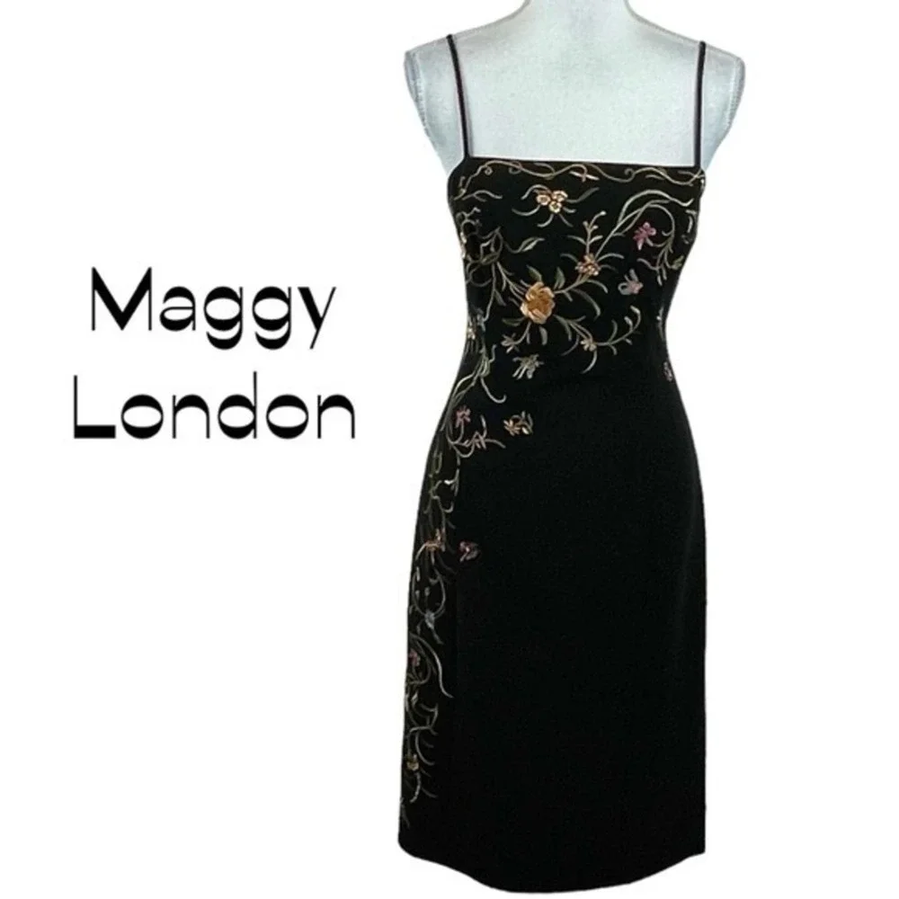 Maggy London Black W/Pink & Green Floral Embroidery Event Party Midi Dress NWOT